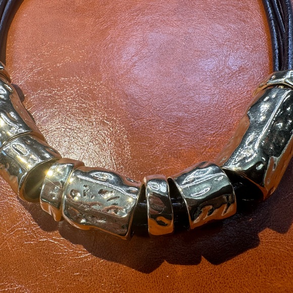 Chicos chunky hammered gold tube beads with four leather strands, NWOT - Picture 7 of 12